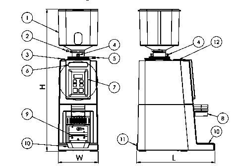 Markibar Izaga grinder technical elevation drawing, front and side views